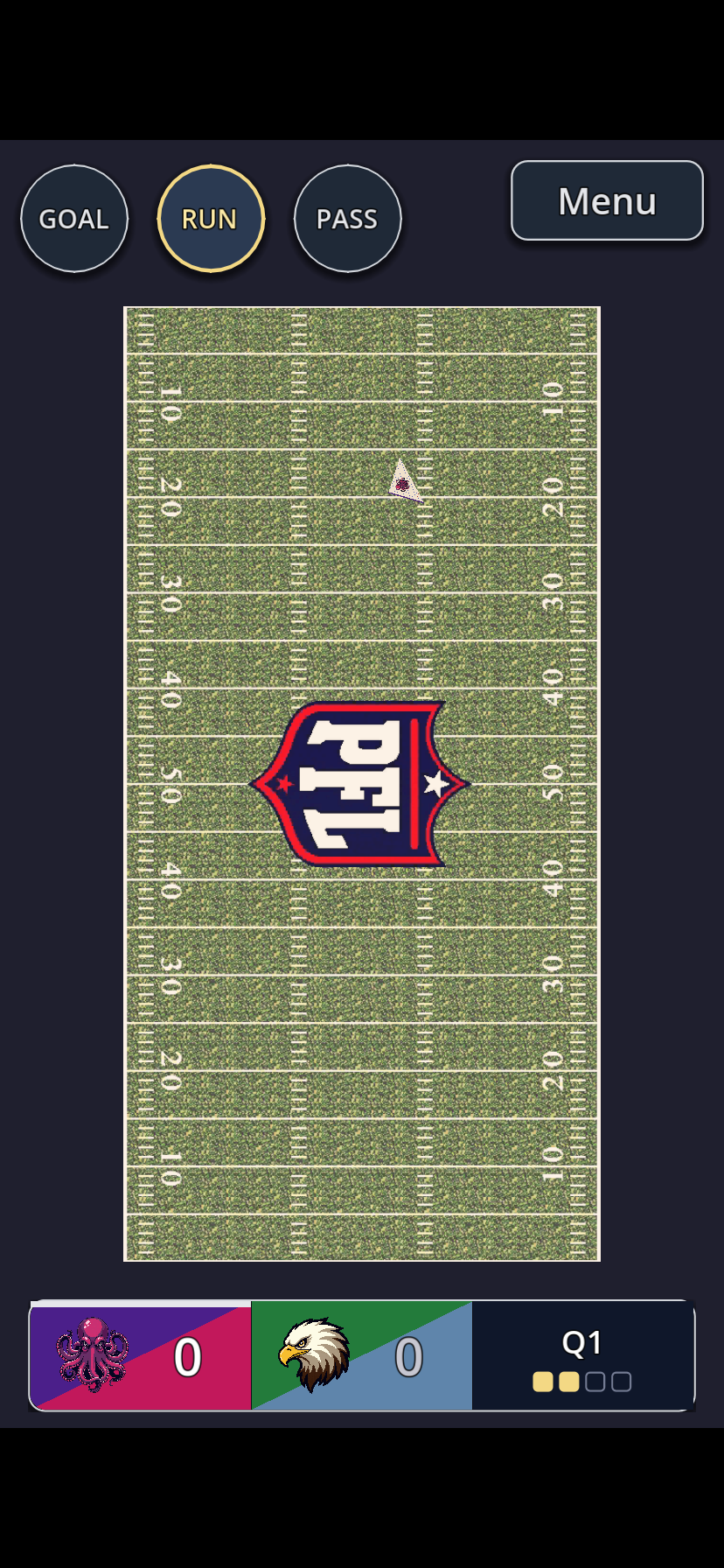 Top-down gameplay on the field with Goal, Run, and Pass controls