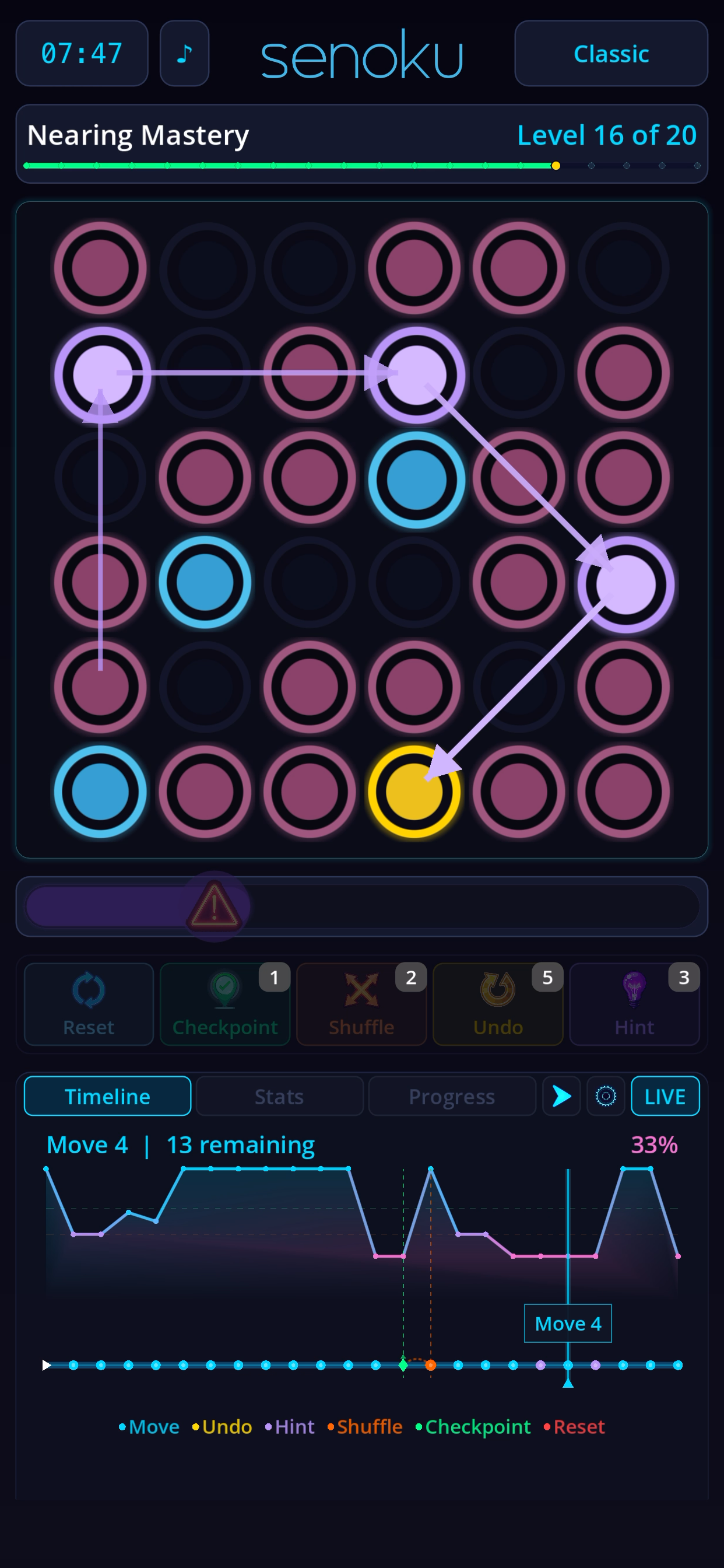 Classic mode - Nearing Mastery, Level 16 on 6x6 grid, timeline replay view