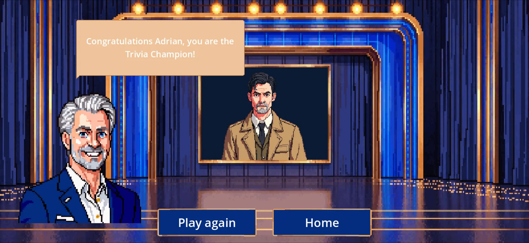 End screen: the host congratulates the player as the Trivia Champion