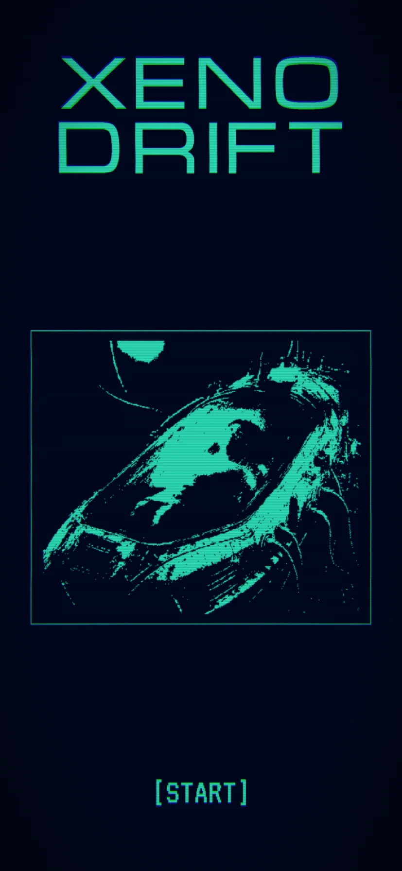 Title screen: the Xeno Drift logo above an orange xeno-specimen on a black terminal display