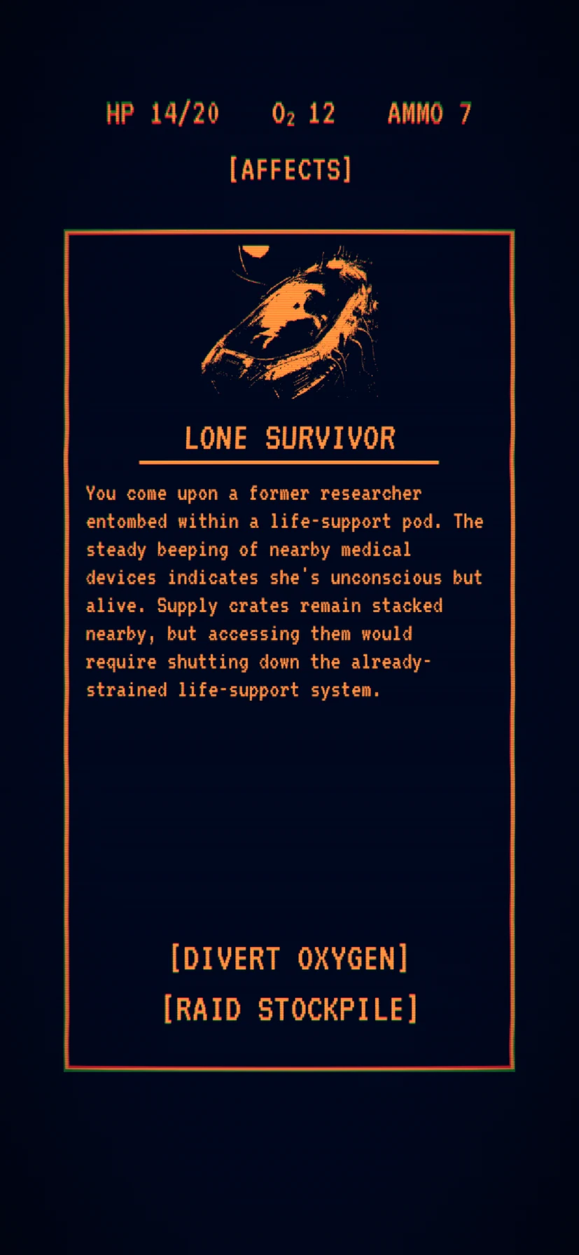 Lone Survivor event: a researcher in a life-support pod, with the choice to divert her oxygen or raid the stockpile