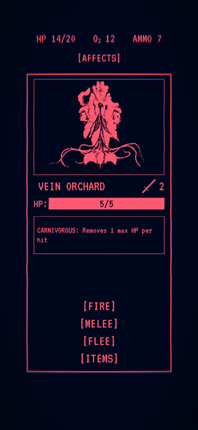 Combat against the Vein Orchard, a carnivorous creature that removes one maximum health per hit