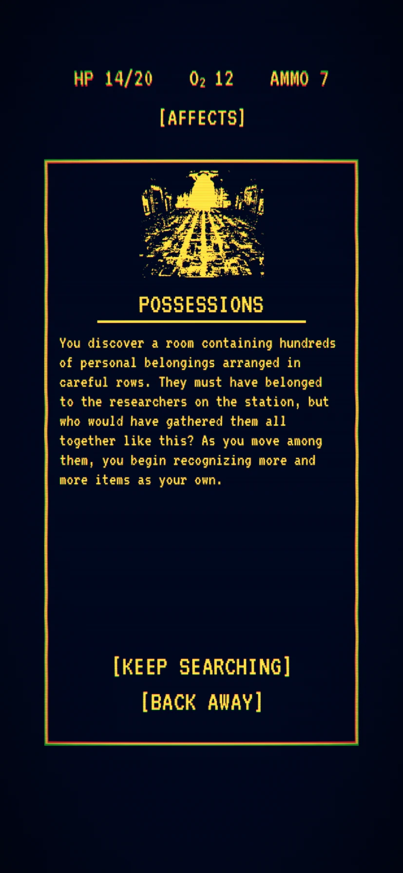 Possessions event in sector three, rendered in yellow: personal belongings arranged in careful rows