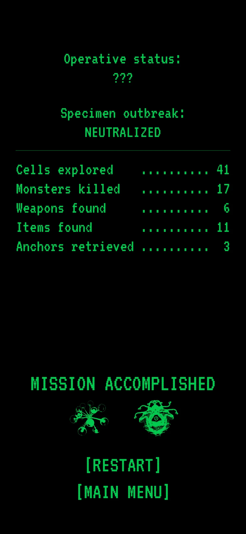 Run summary after a successful escape, listing cells explored, monsters killed and anchors retrieved
